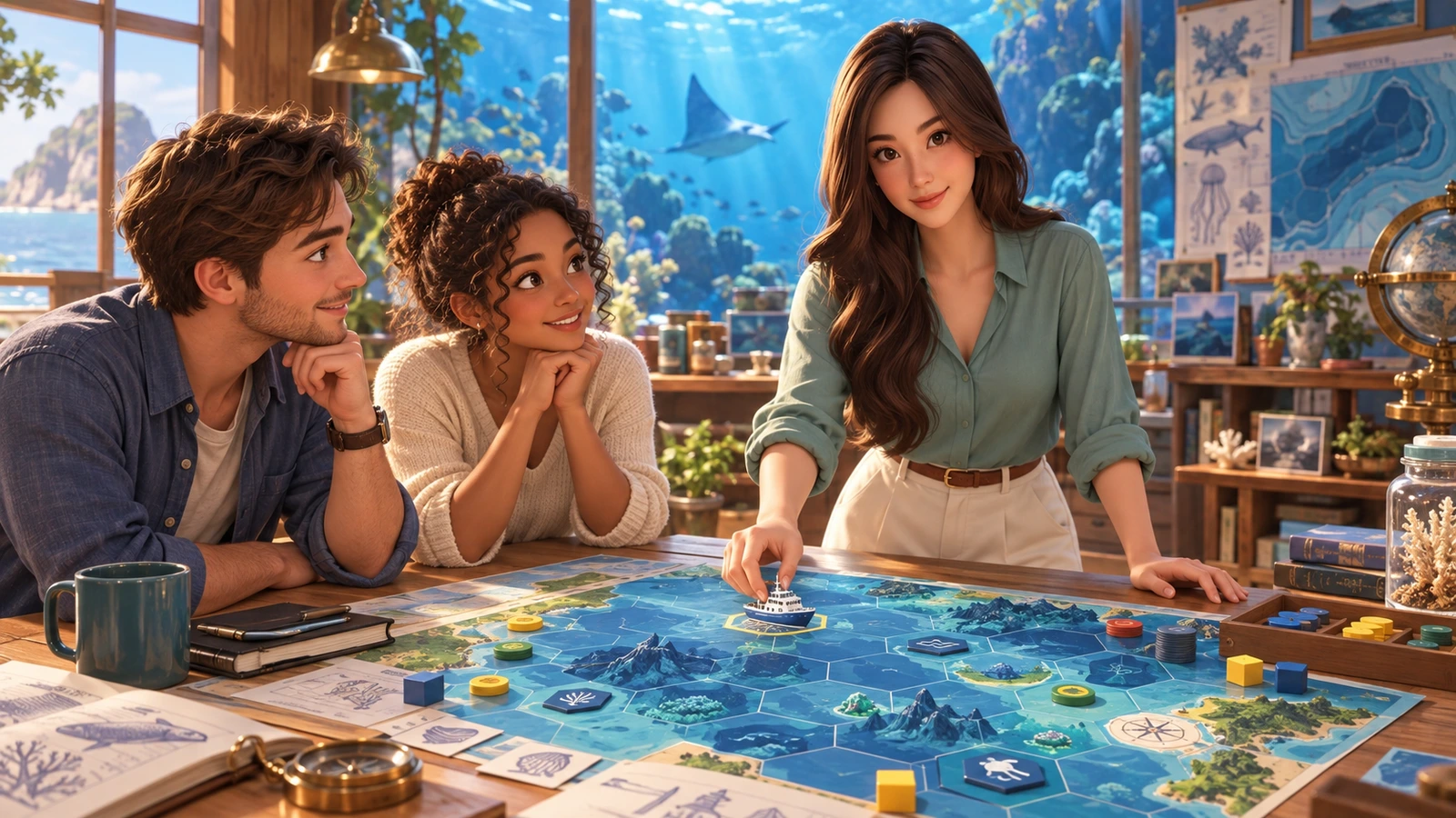 Yumi welcomes two adult beginners to the first mission at a coastal research table.