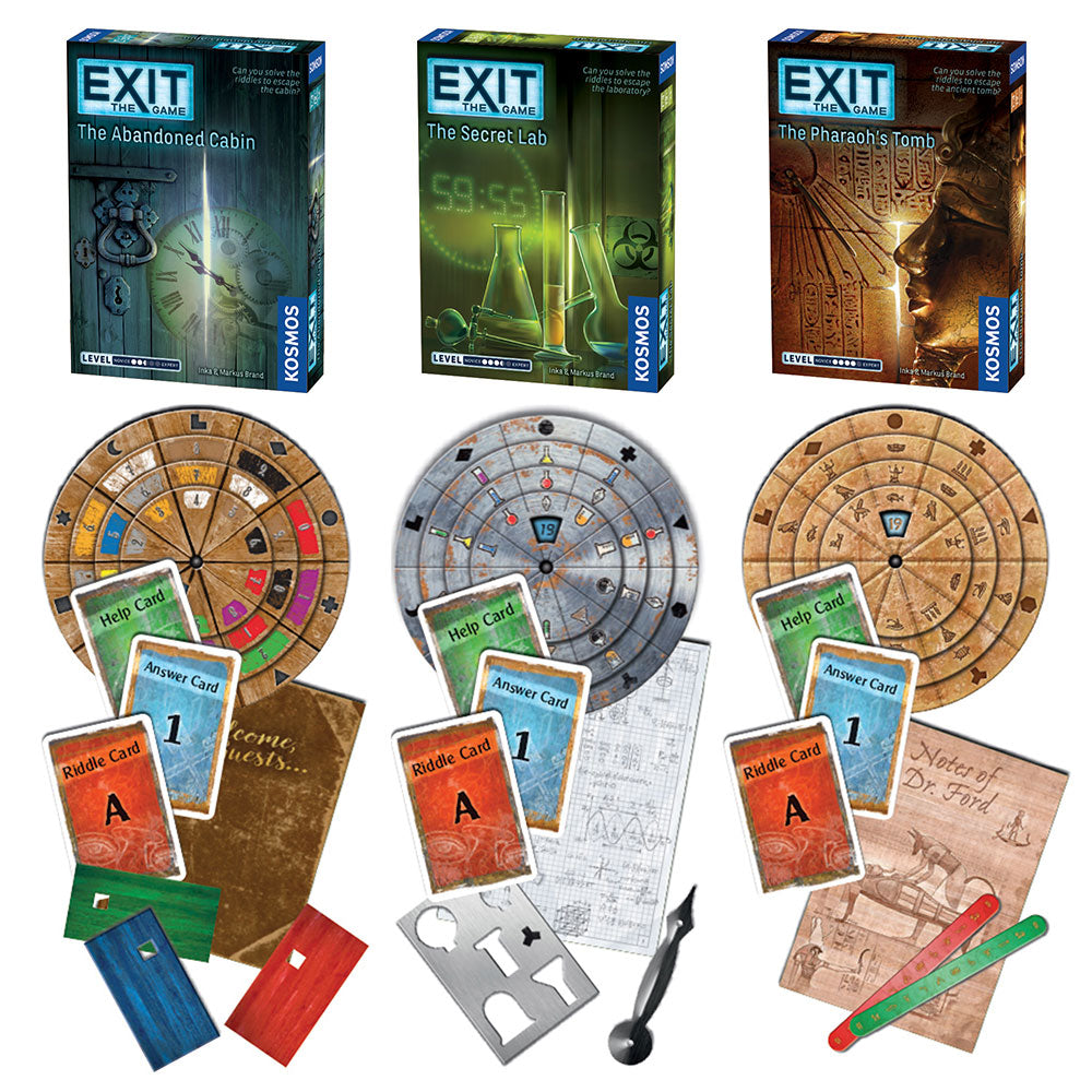 Inside an EXIT box: riddle cards, code pieces, the works
