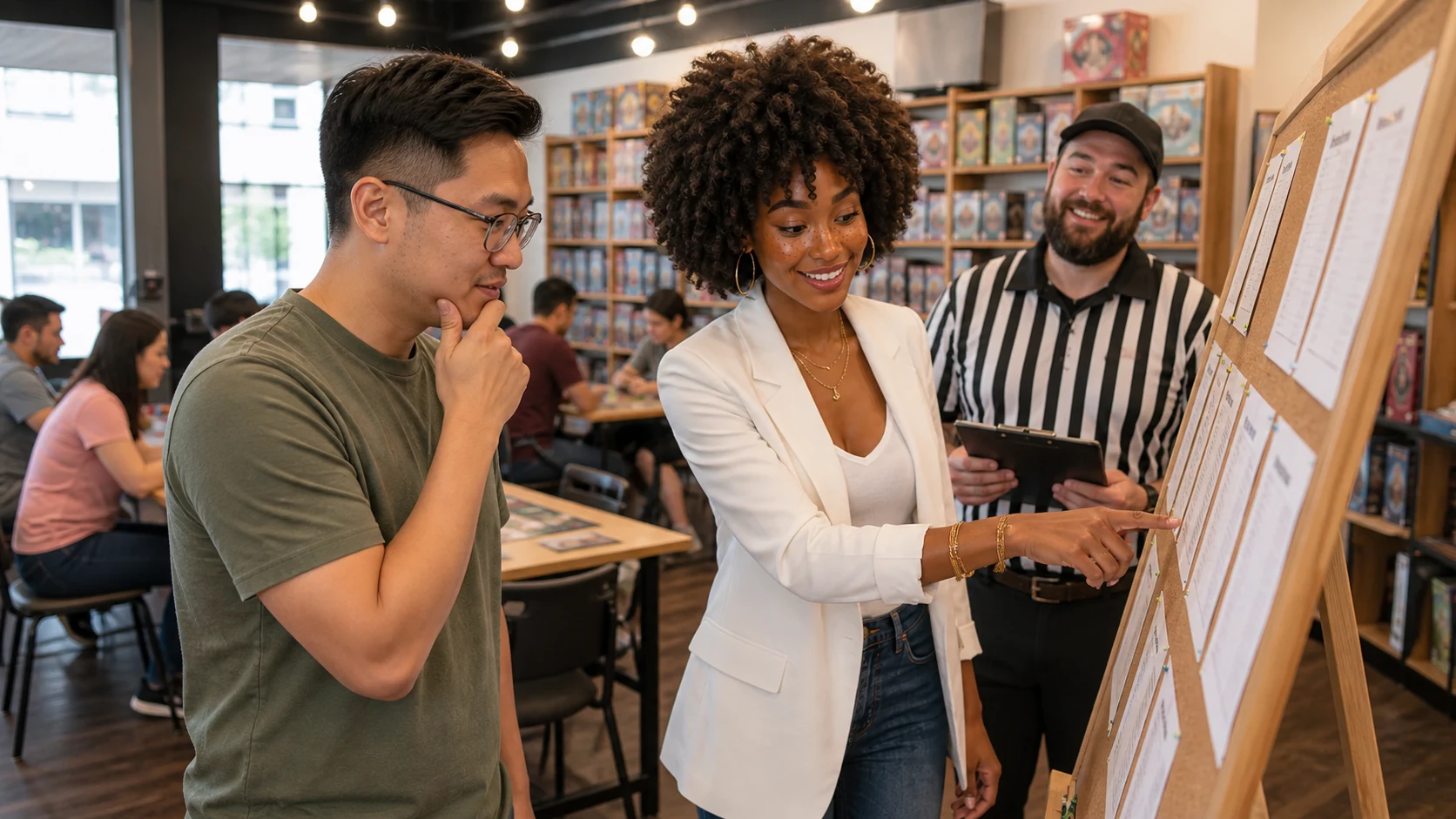 Imani, The Connector — active tournament organizer pairing a new player with a patient table