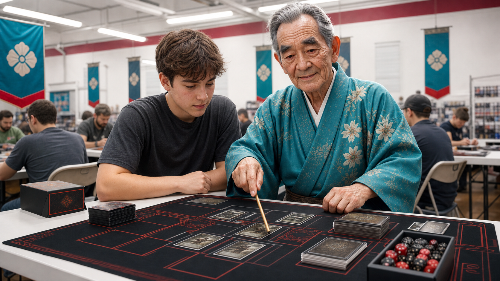 Kenji, The Sensei — teaching the official public-zone layout at a disciplined Armory bench