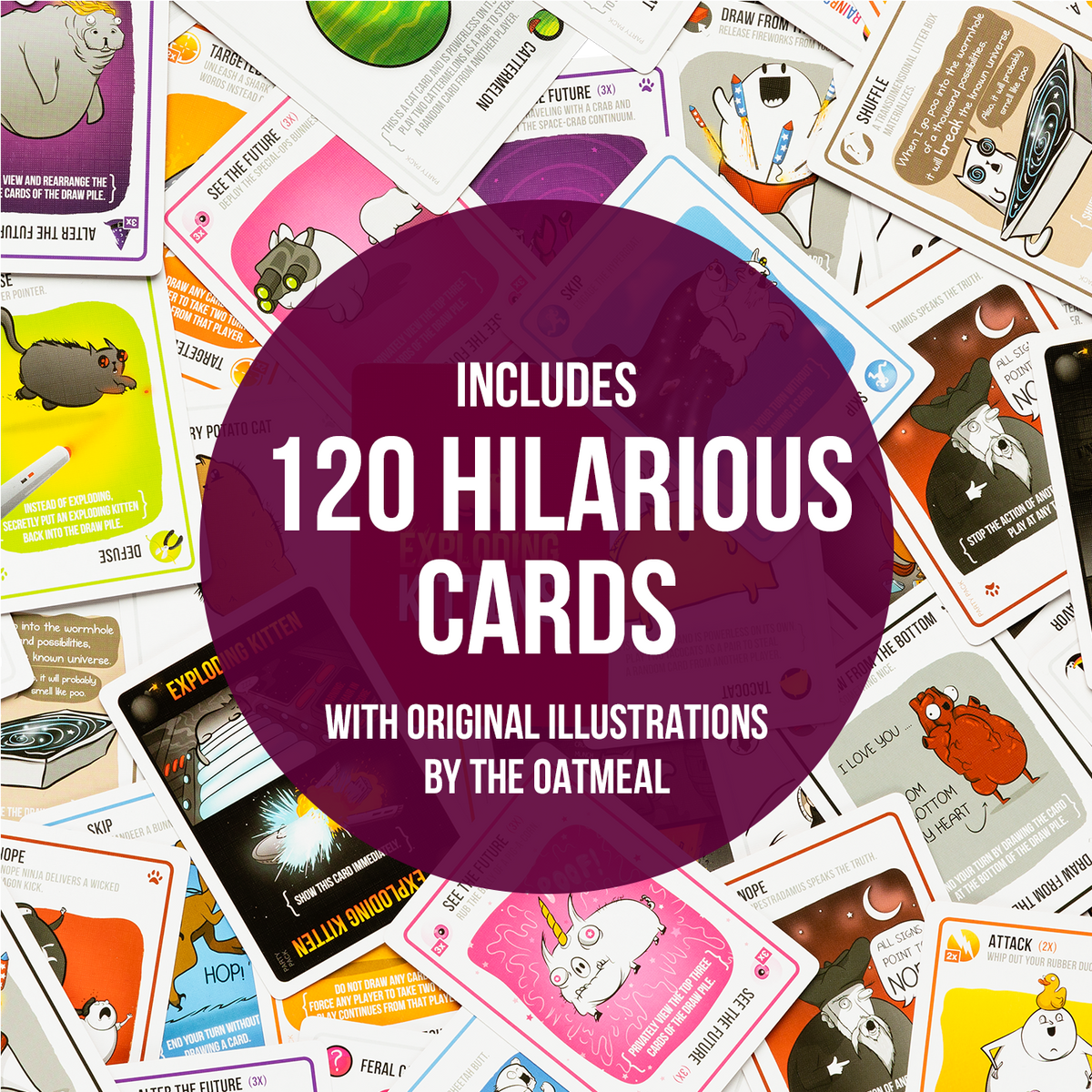 The full deck of cards from a popular party card game, fanned out.