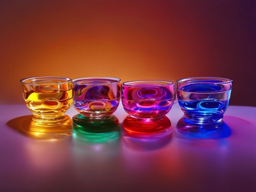 Six small glass dishes of swirling colored liquid arranged in a row, amber, purple, green, red, blue, and silver