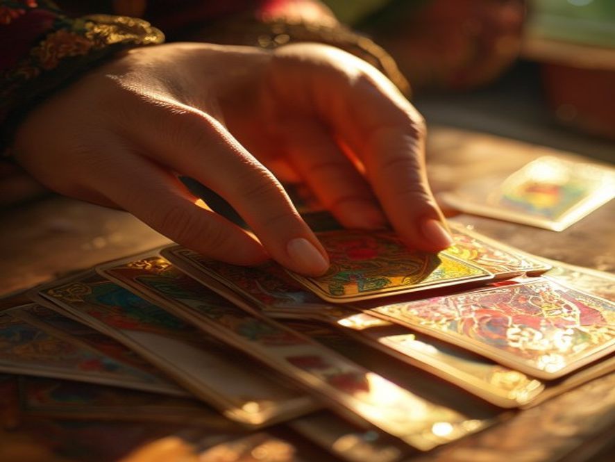 A pair of hands sliding a card face-down into a small face-down pile beside an upright fanned hand of cards