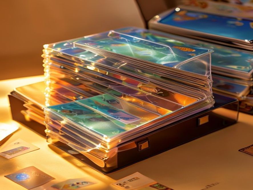 A stack of glossy card sleeves half-loaded with cards beside an empty deck box