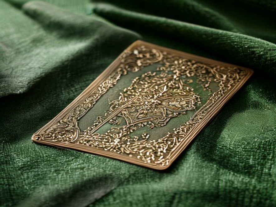 A single card rotated ninety degrees to sideways position on a felt mat, separated from upright cards