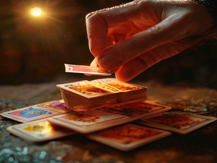 A hand hovering between placing a card into a face-down pile and adding it to an upright hand of cards