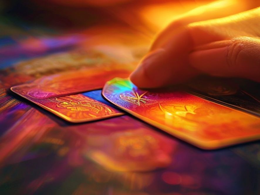 A close-up of a sideways card being placed atop another card to represent an upgrade play