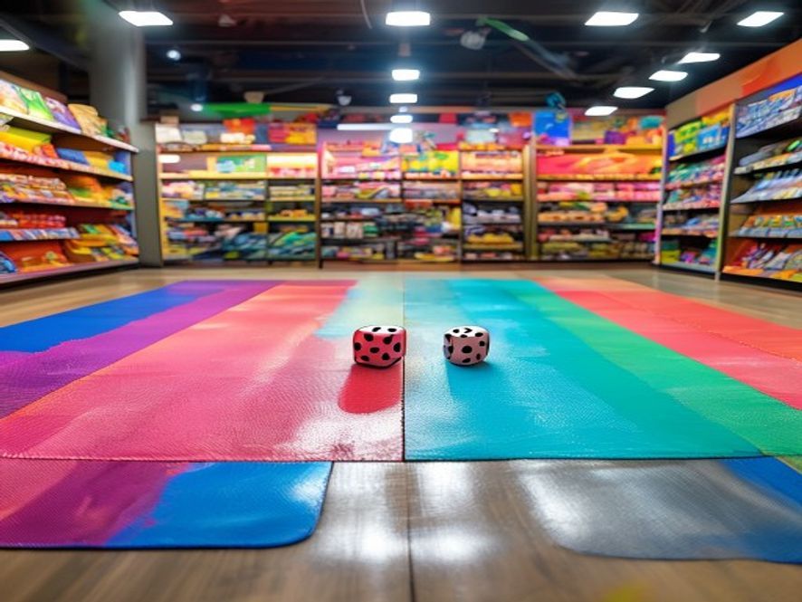 Two playmats facing each other across a store table with a single die centered between them