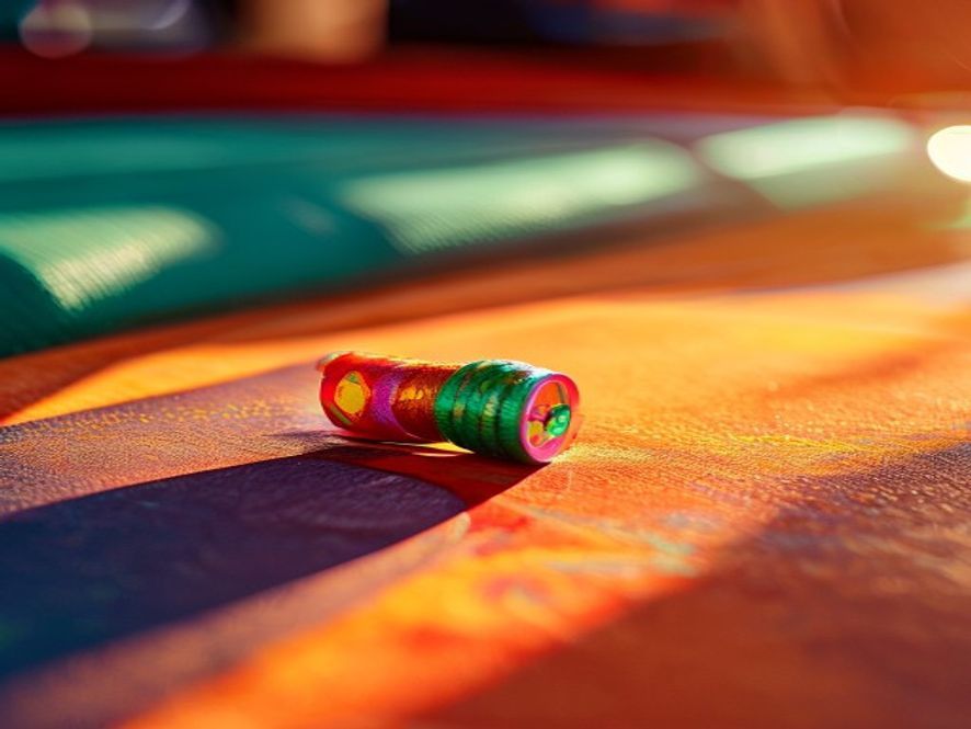 A small enamel pin and a rolled neoprene playmat resting on a tournament table