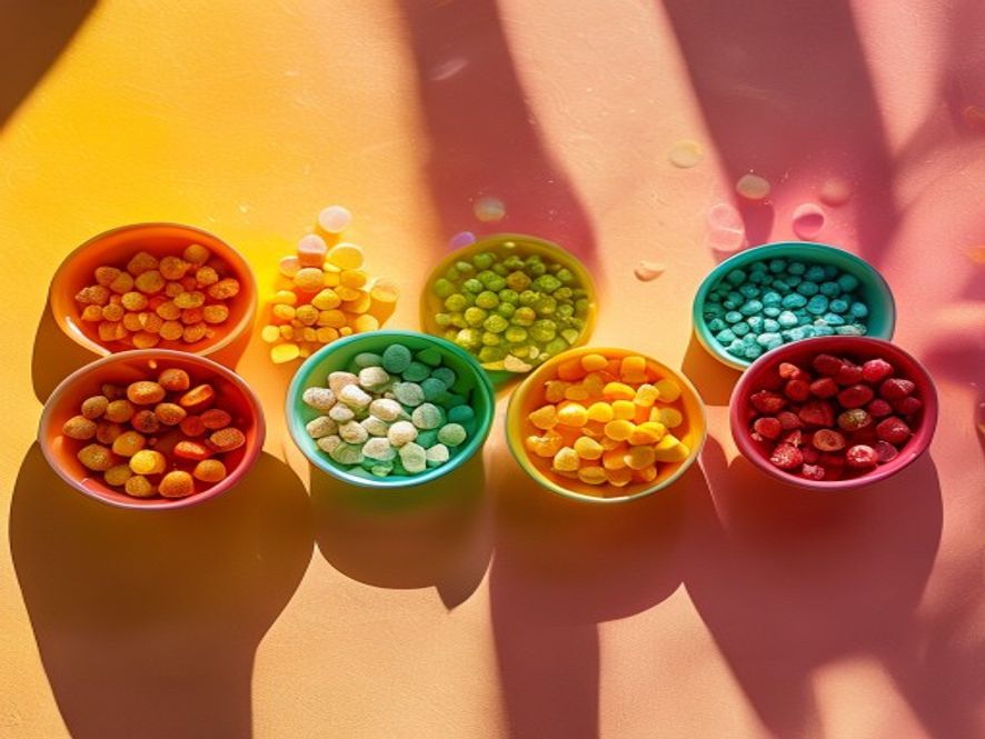 A row of six small snack bowls each holding a different colored treat, arranged like the six inks