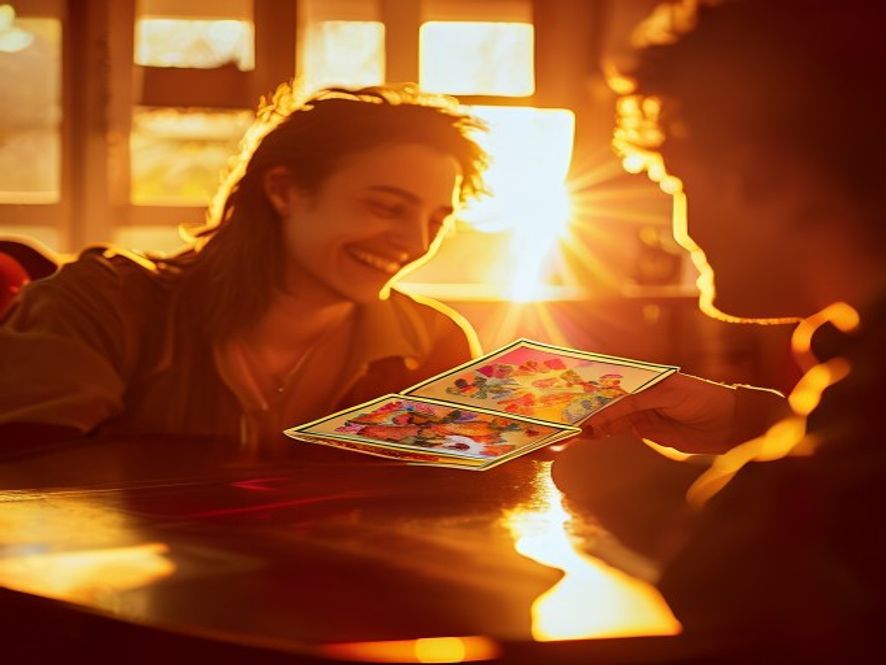A person across the table sliding a deck toward a smiling newcomer to teach them
