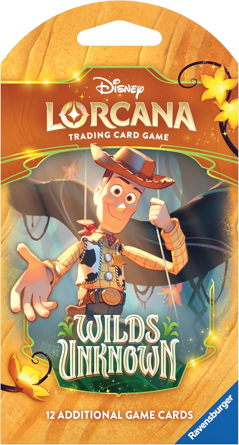 A real Disney Lorcana Wilds Unknown booster pack, Woody from Toy Story on the wrapper — the first Pixar set