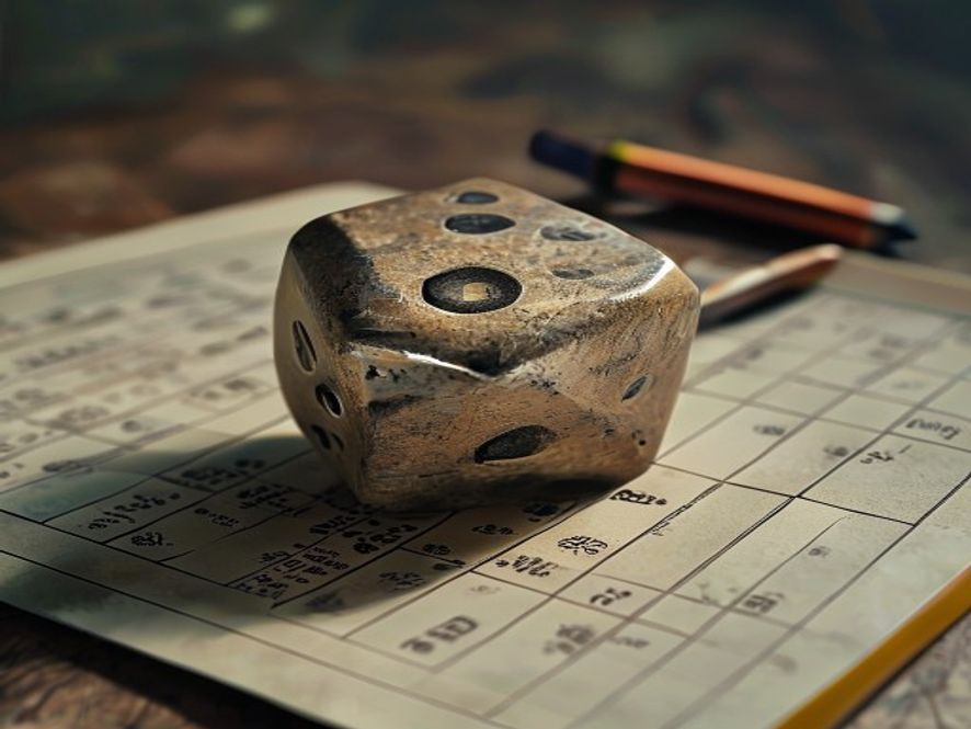 A single twenty-sided die resting on a printed character sheet beside a pencil