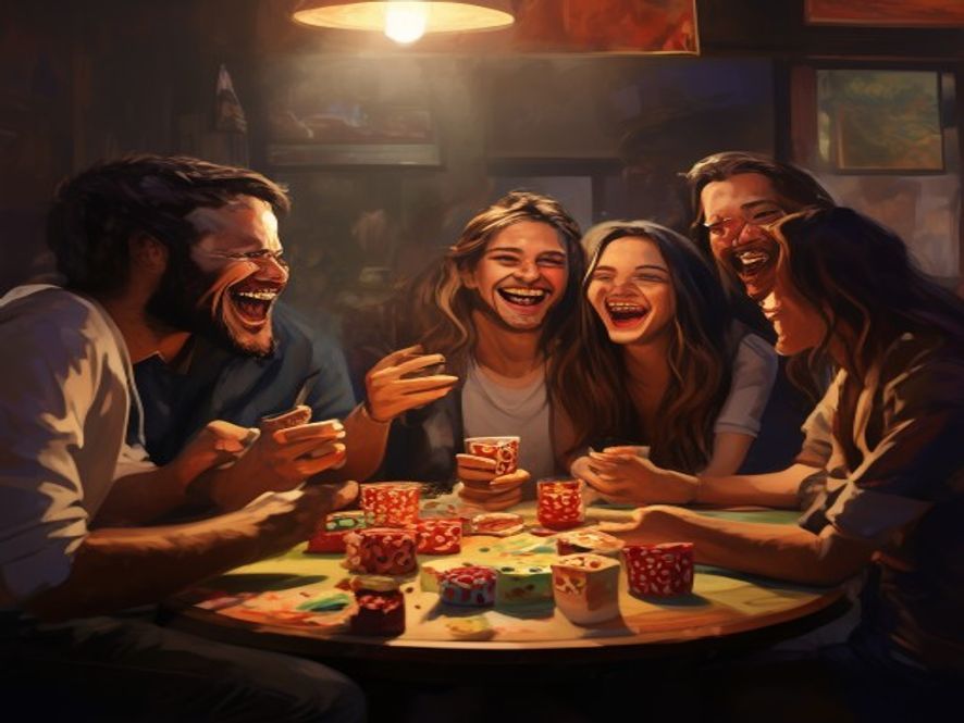 A small group of friends seated around a table laughing, dice and snacks between them
