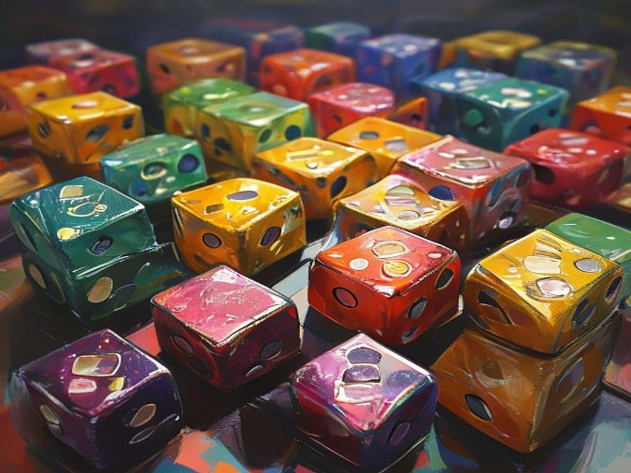 Multiple sets of polyhedral dice arranged in neat rows by color