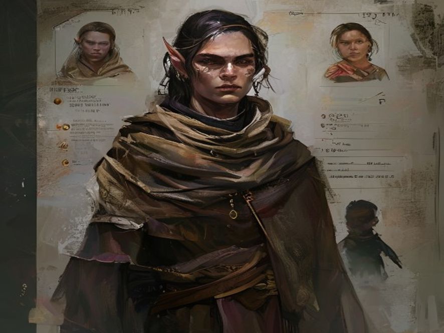 A pre-generated character card showing class, species, and starting stats