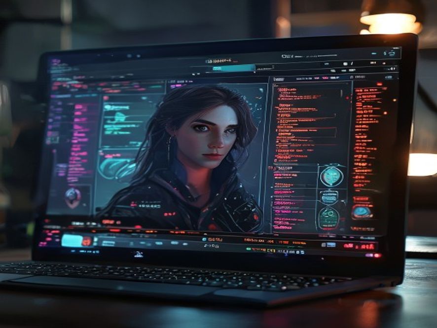 A laptop screen showing a digital character builder with stat fields filled in