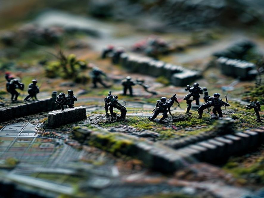 Miniatures arranged behind cover on a terrain map during a tactical encounter