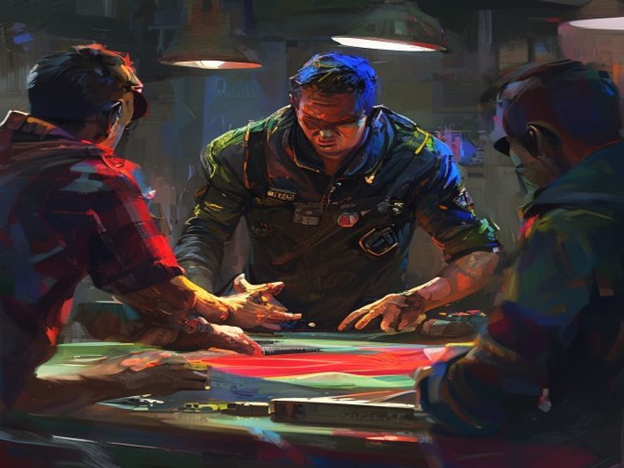 A player gesturing to set up a teammate's moment across a busy game table