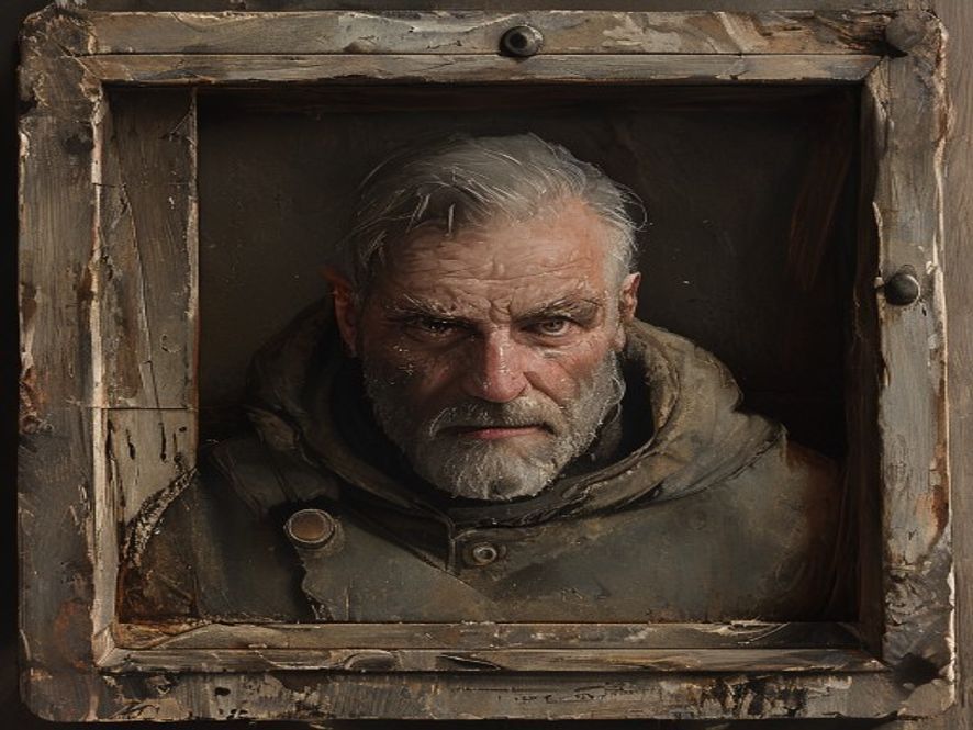 A worn, retired character sheet kept in a small frame on a shelf