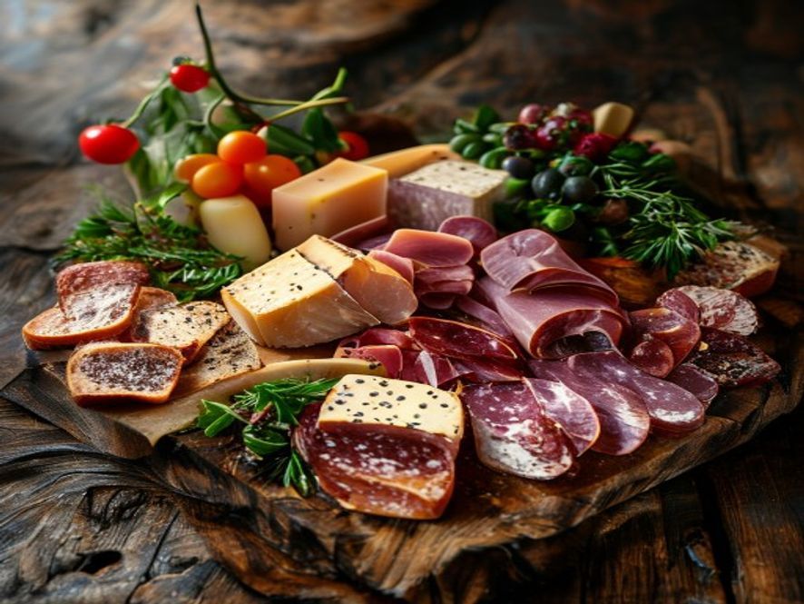 A rustic charcuterie board of cheeses, cured meats, bread, and fruit beside dice