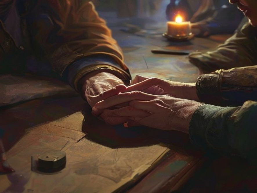 Hands clasped over a game table at the close of a long campaign session