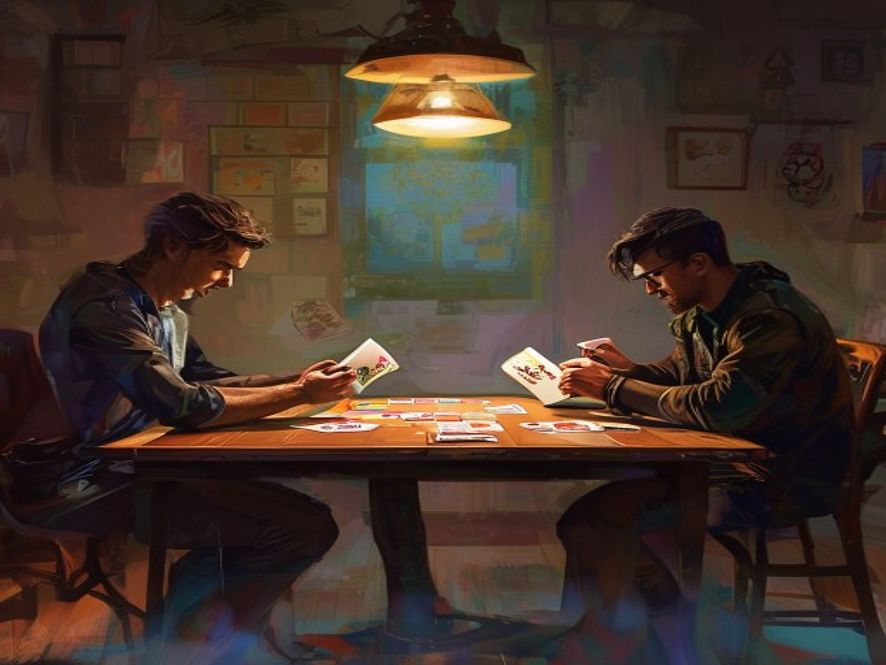 Two players seated across a small table with cards fanned in hand and a playmat between them.