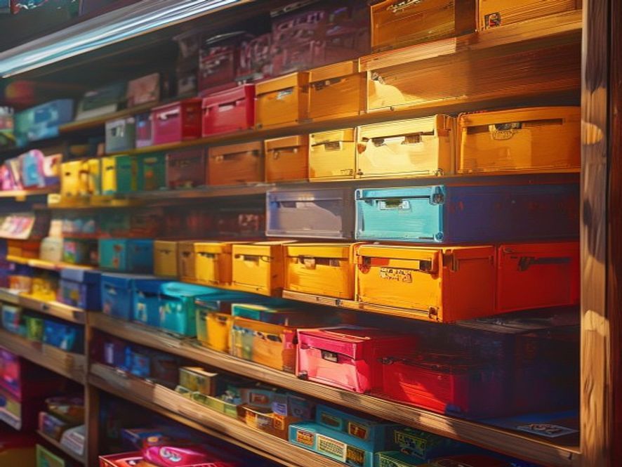 A rack of brightly colored preconstructed deck boxes on a game-store shelf.