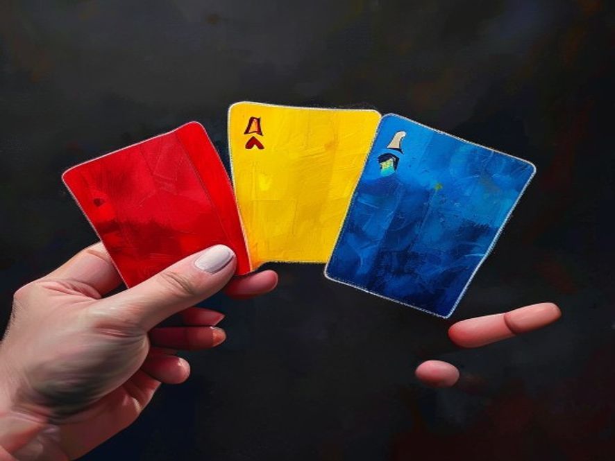 A hand holding three cards each showing a different colored corner stripe — red, yellow, blue.