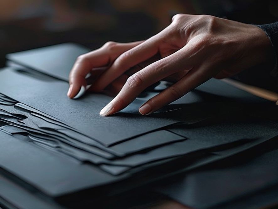 Hands carefully sliding a card into a matte sleeve from a stack of empty sleeves.