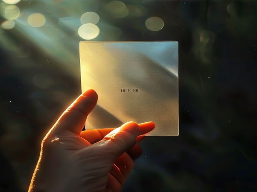 A single foil card catching the light at an angle, held up between two fingers.