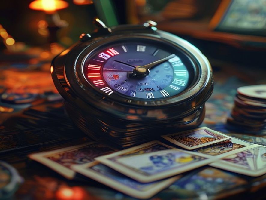 A dial life counter showing a number mid-game beside a stack of cards.