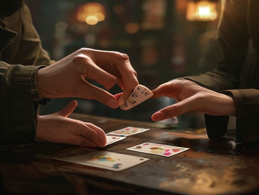 Two hands mid-game, one player pointing at a card while the other waits to respond.
