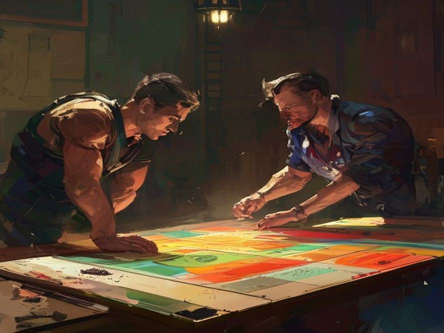 Two competitors mid-match leaning over a playmat with a judge standing nearby.