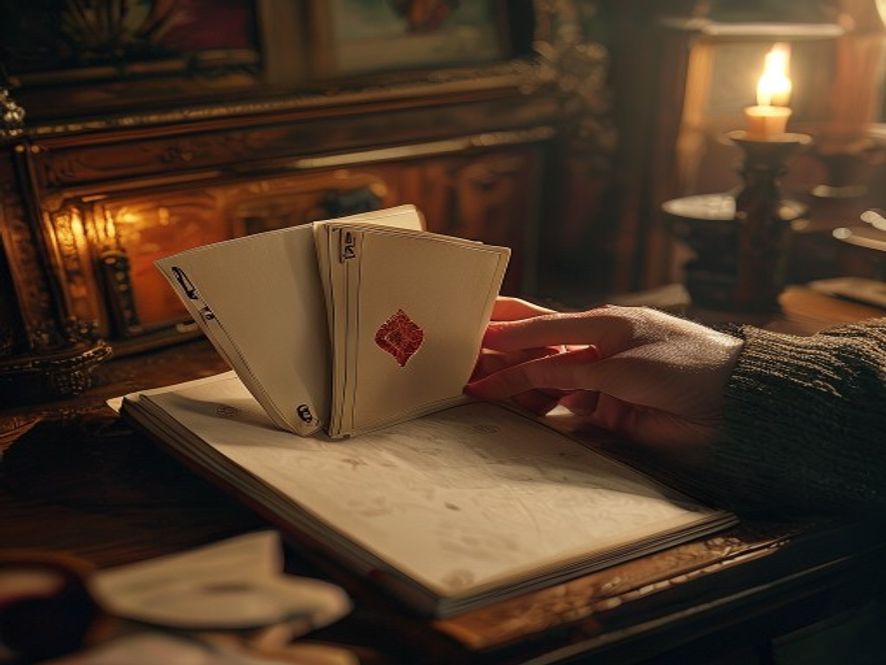 A hand of cards held close with a sideboard binder open on the table.