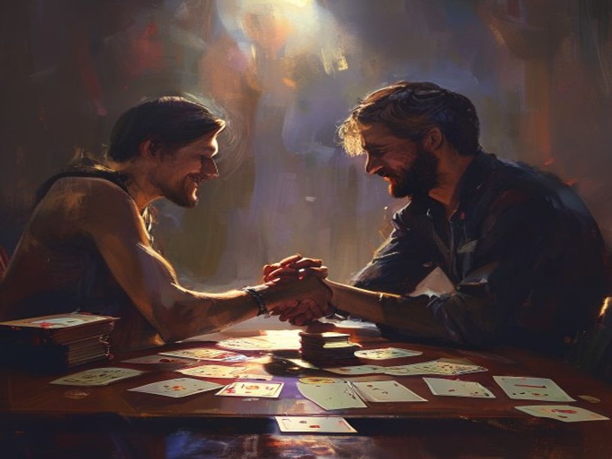 Two players shaking hands across the table after a game, cards stacked between them.