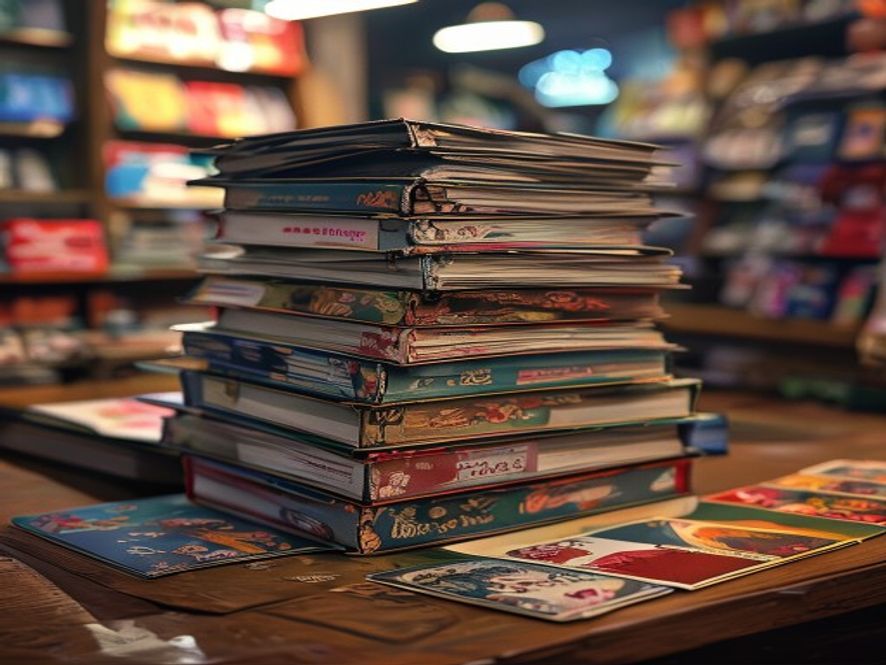 A stack of loaner decks and a donated playmat set out for newcomers at a store.