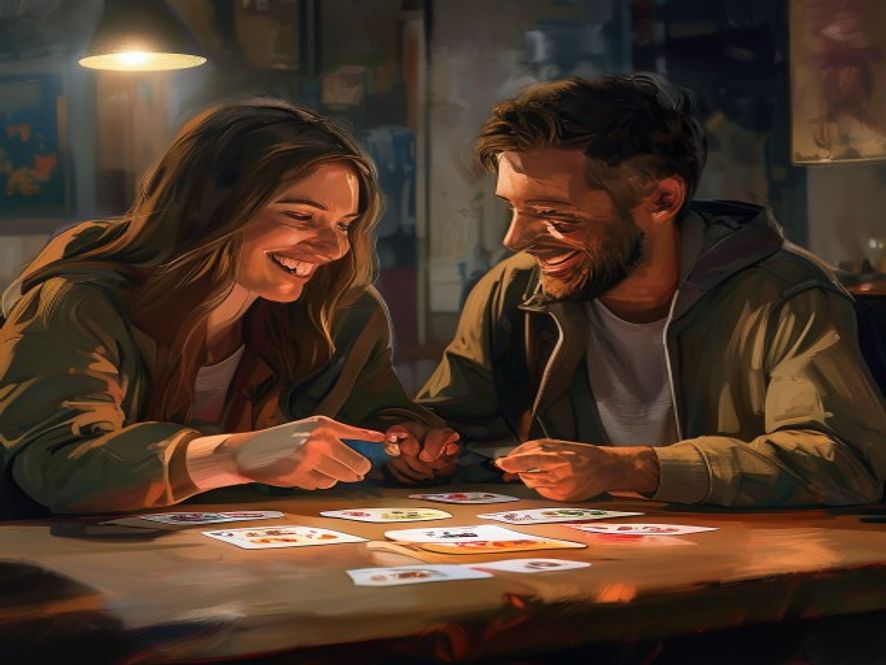 Two friends teaching a newcomer, pointing to cards and smiling at a table.
