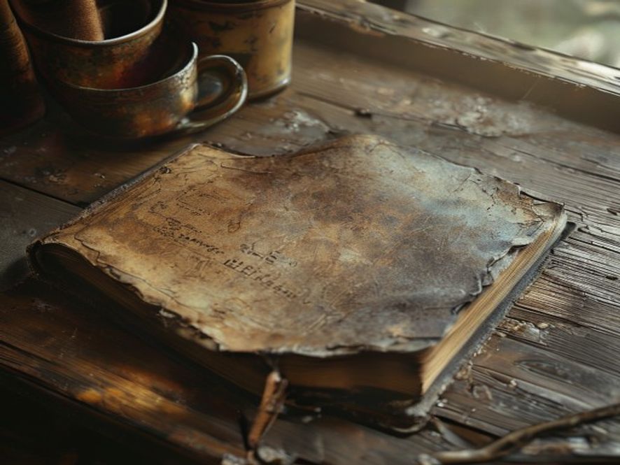 A worn lore booklet open beside a hero card and a cup of tea on a table.