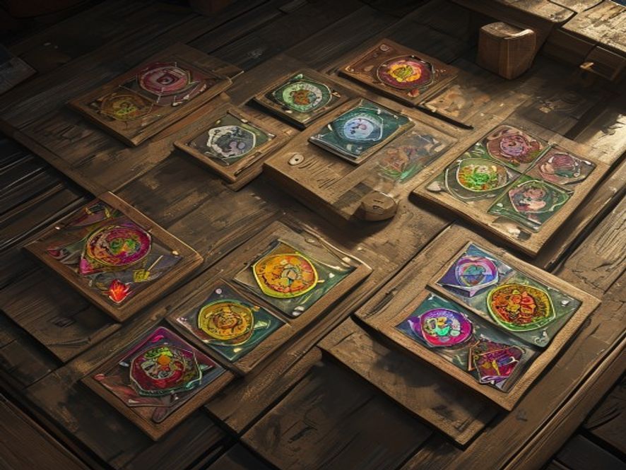 Four character mats laid in a row, each with a small hand of fanned ability cards and a wooden token