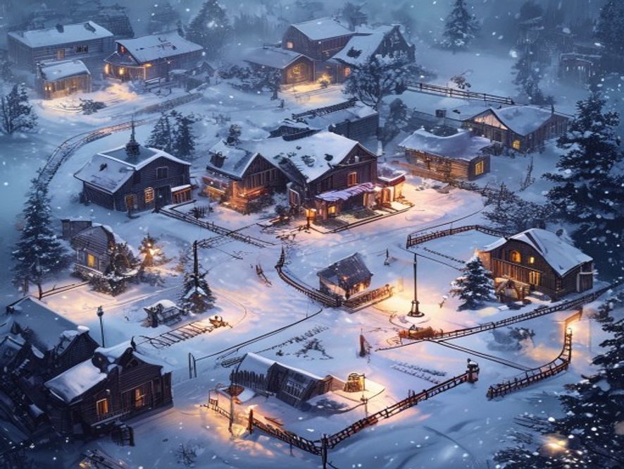 A snowy frontier-town illustration on a campaign board with building spaces and a resource track