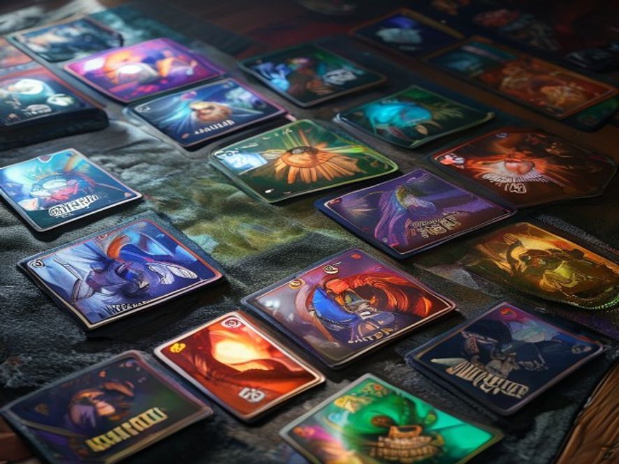 A fan of about ten ability cards spread on a felt mat, each showing dual top and bottom actions