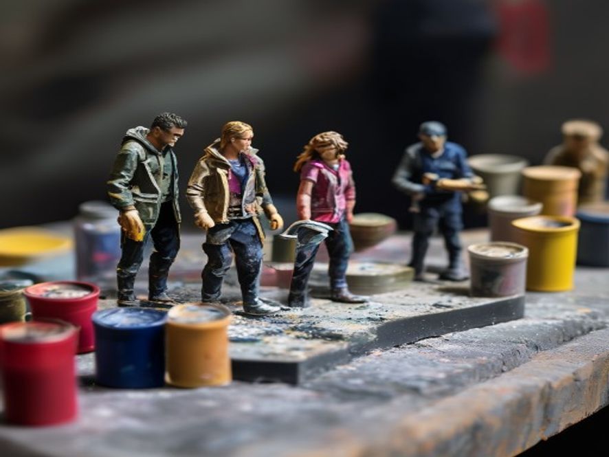 A row of unpainted grey miniatures beside two finished painted figures and several paint pots