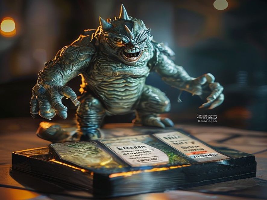A monster standee on a hex tile with its revealed ability card showing a move and attack value beside it