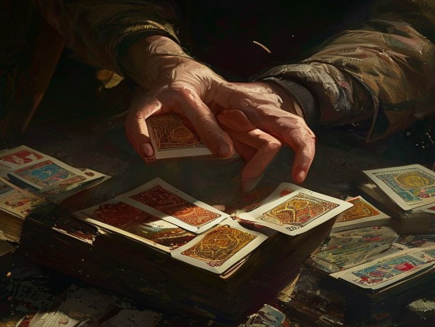 A player's hand reduced to two cards held over a discard pile and a lost pile