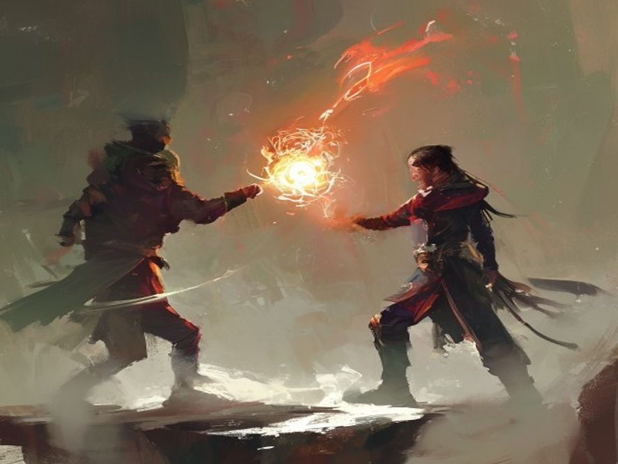 Two characters positioned to combo, one generating an element token and the other reaching toward it
