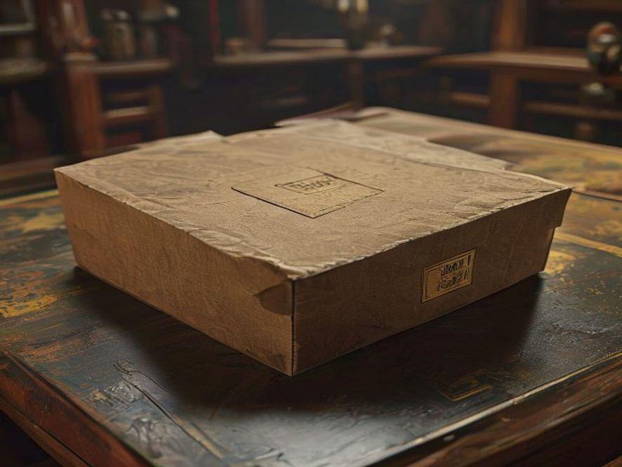A sealed cardboard legacy box with a paper seal across the lid sitting at the center of a game table