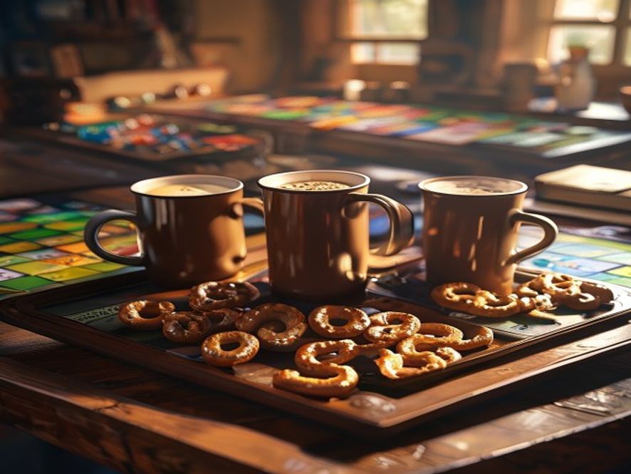 Mugs of cocoa and a tray of pretzels set on a side table away from a sprawling board game