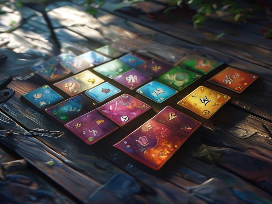 A small deck of attack-modifier cards fanned out, showing plus-one, miss, and double-damage symbols instead of dice pips.