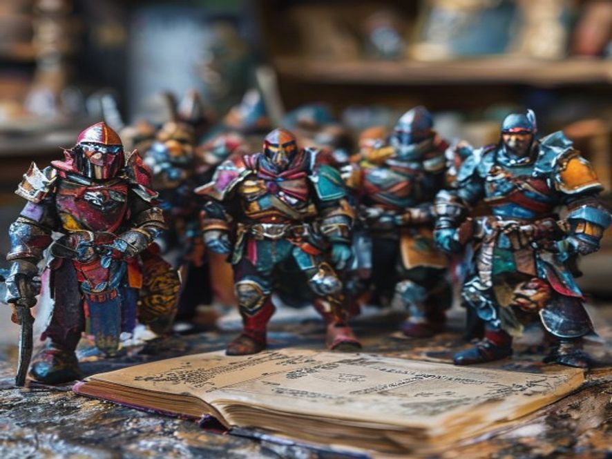 A cluster of unpainted and partly painted fantasy mercenary miniatures standing beside a rulebook on a table.